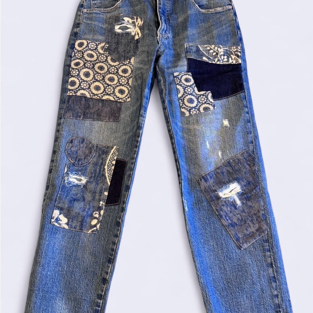 Anthropologie Blue Patchwork Straight Leg Jeans